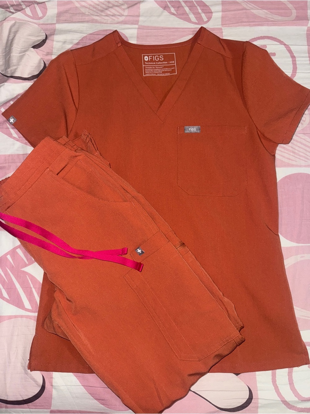 FIGS Burnt Orange Scrub Set with Pink Drawstrings